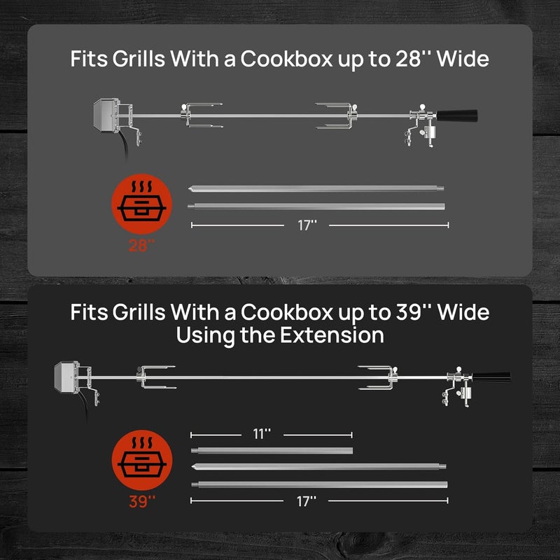 TURBRO Stainless Steel Rotisserie Kit for Gas Grills with A Cookbox up to 39’’ - Includes 4W Electric Motor, 34’’ - 45’’ × 5/16" Square Spit Rod, Meat Forks, Counterweight - for Outdoor BBQ - Image 3